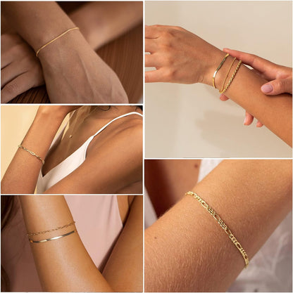 Gold Bracelets for Women Waterproof, 14K Gold Plated Jewelry Sets Trendy Thin Dainty Stackable Cuban Link Paperclip Chain Bracelet Pack Fashion Accessories Gifts for Womens