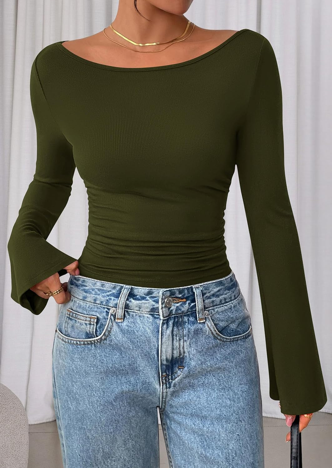 Women'S Long Sleeve Shirts 2025 Fall Crop Going Out Tops Casual Boat Neck Bell Sleeve Ribbed Ruched Y2K Clothes