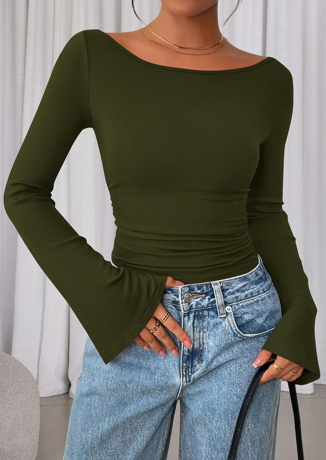 Women'S Long Sleeve Shirts 2025 Fall Crop Going Out Tops Casual Boat Neck Bell Sleeve Ribbed Ruched Y2K Clothes