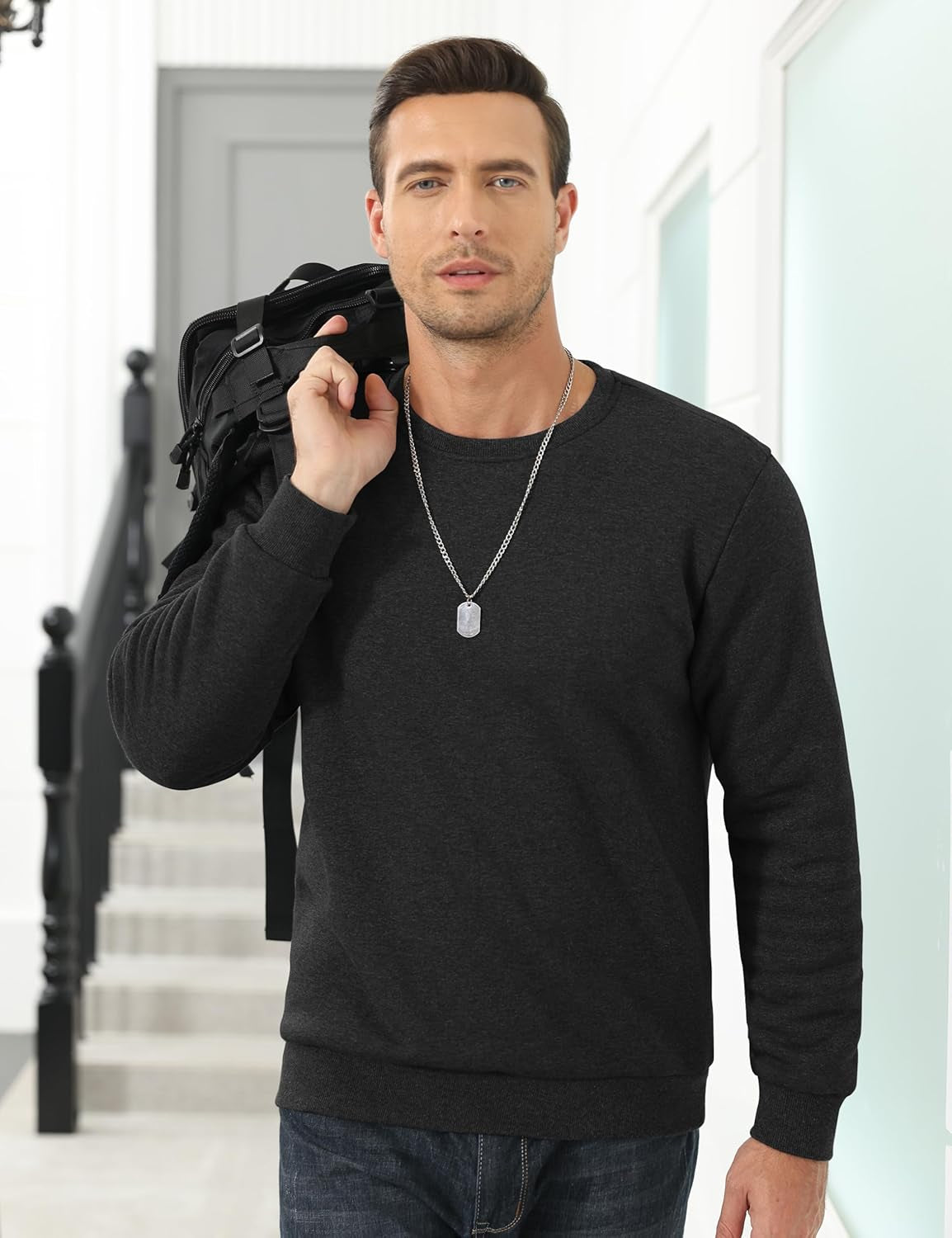 Men'S Fleece Sweatshirts Warm Sherpa Lined Heavy Thicken Underwear Winter Crewneck Pullover Tops Shirts