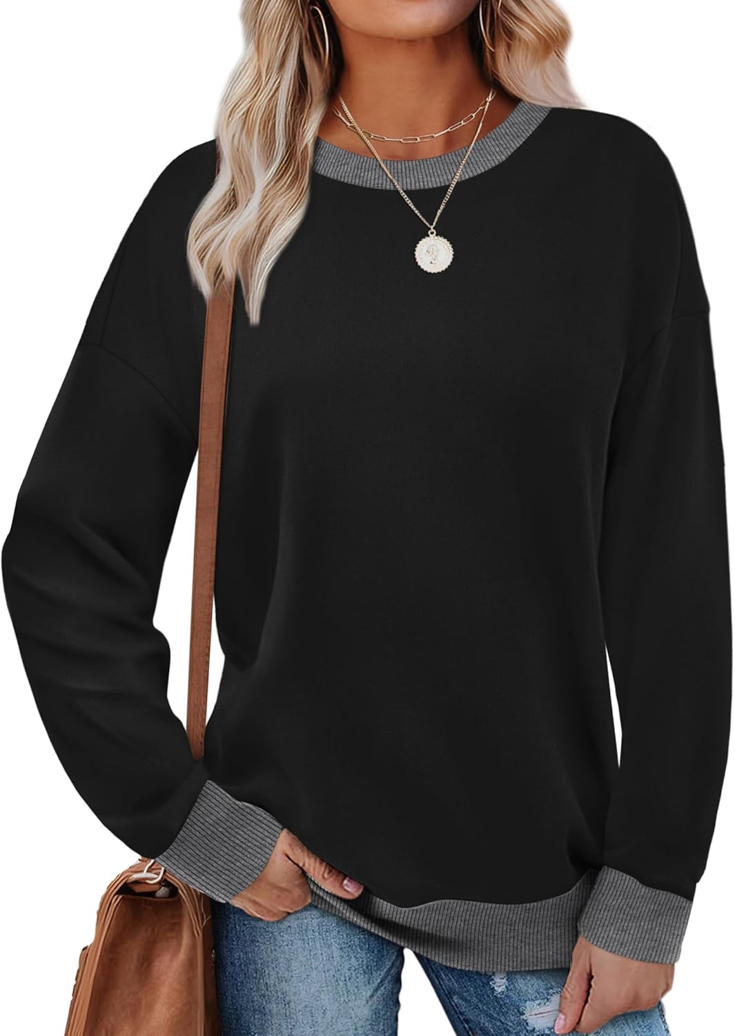 Sweatshirts for Women Crewneck Long Sleeve Loose Fit Tops Color Block Ribbed Trim Fashion 2025