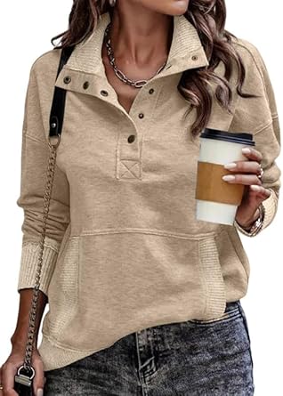 Women's lightweight button-up pullover sweatshirt with long sleeves.