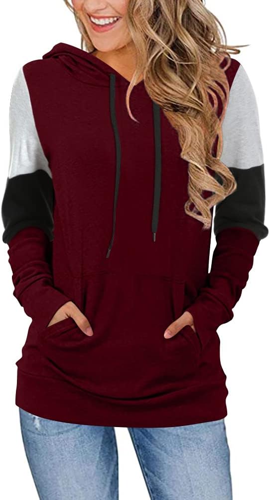 Women'S Casual Drawstring Pullover Tunic Top Long Sleeve Color Block Hoodie Sweatshirts with Pocket