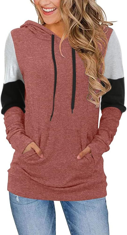 Women'S Casual Drawstring Pullover Tunic Top Long Sleeve Color Block Hoodie Sweatshirts with Pocket