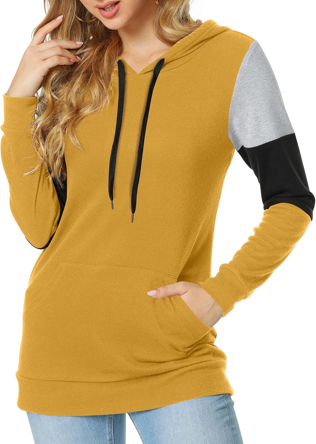 Women'S Casual Drawstring Pullover Tunic Top Long Sleeve Color Block Hoodie Sweatshirts with Pocket