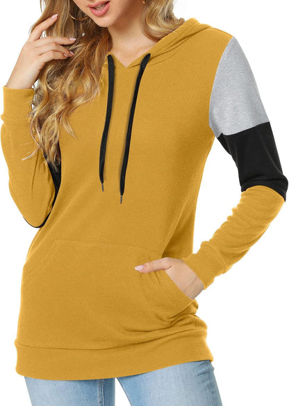 Women'S Casual Drawstring Pullover Tunic Top Long Sleeve Color Block Hoodie Sweatshirts with Pocket