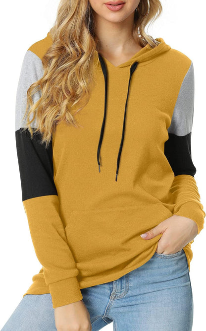 Women'S Casual Drawstring Pullover Tunic Top Long Sleeve Color Block Hoodie Sweatshirts with Pocket