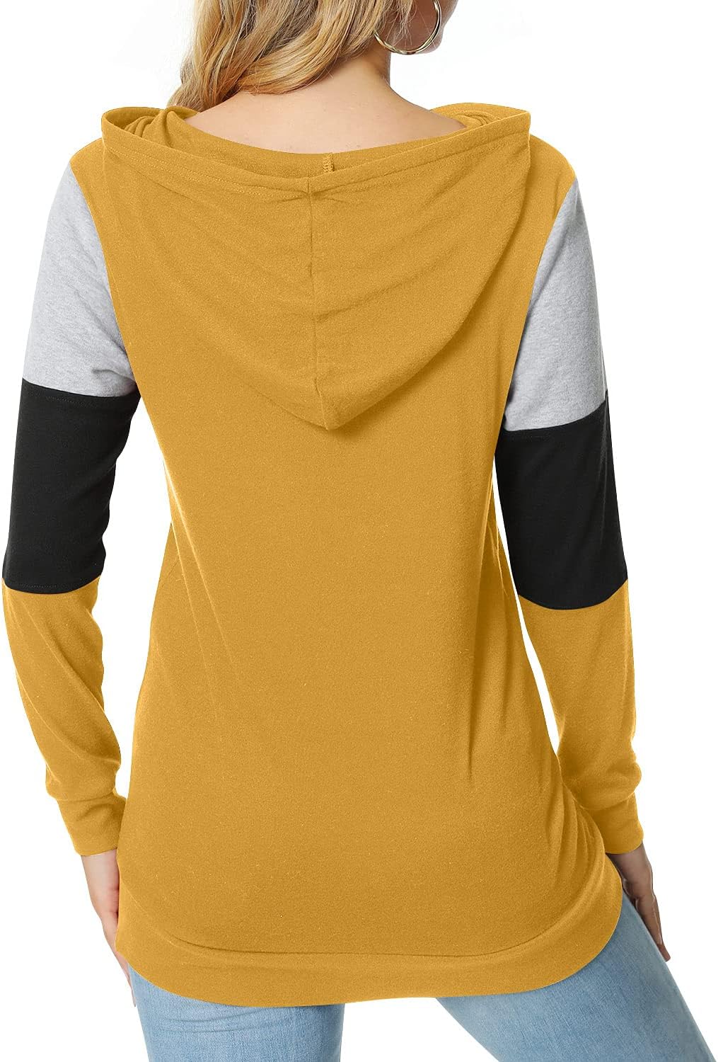 Women'S Casual Drawstring Pullover Tunic Top Long Sleeve Color Block Hoodie Sweatshirts with Pocket