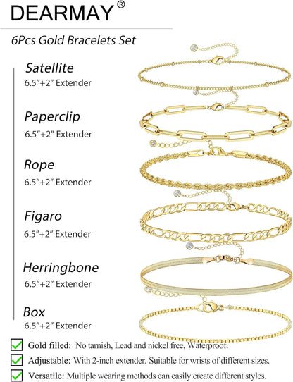 Gold Bracelets for Women Waterproof, 14K Gold Plated Jewelry Sets Trendy Thin Dainty Stackable Cuban Link Paperclip Chain Bracelet Pack Fashion Accessories Gifts for Womens