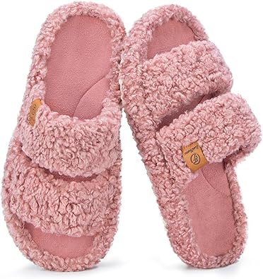 Cozy memory foam slippers for women with soft, fuzzy, open-toe design.