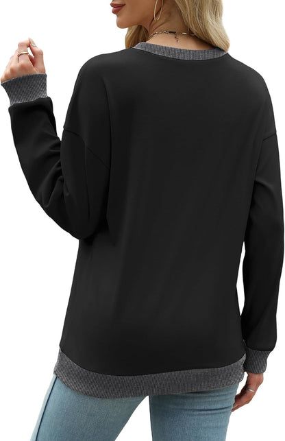 Sweatshirts for Women Crewneck Long Sleeve Loose Fit Tops Color Block Ribbed Trim Fashion 2025