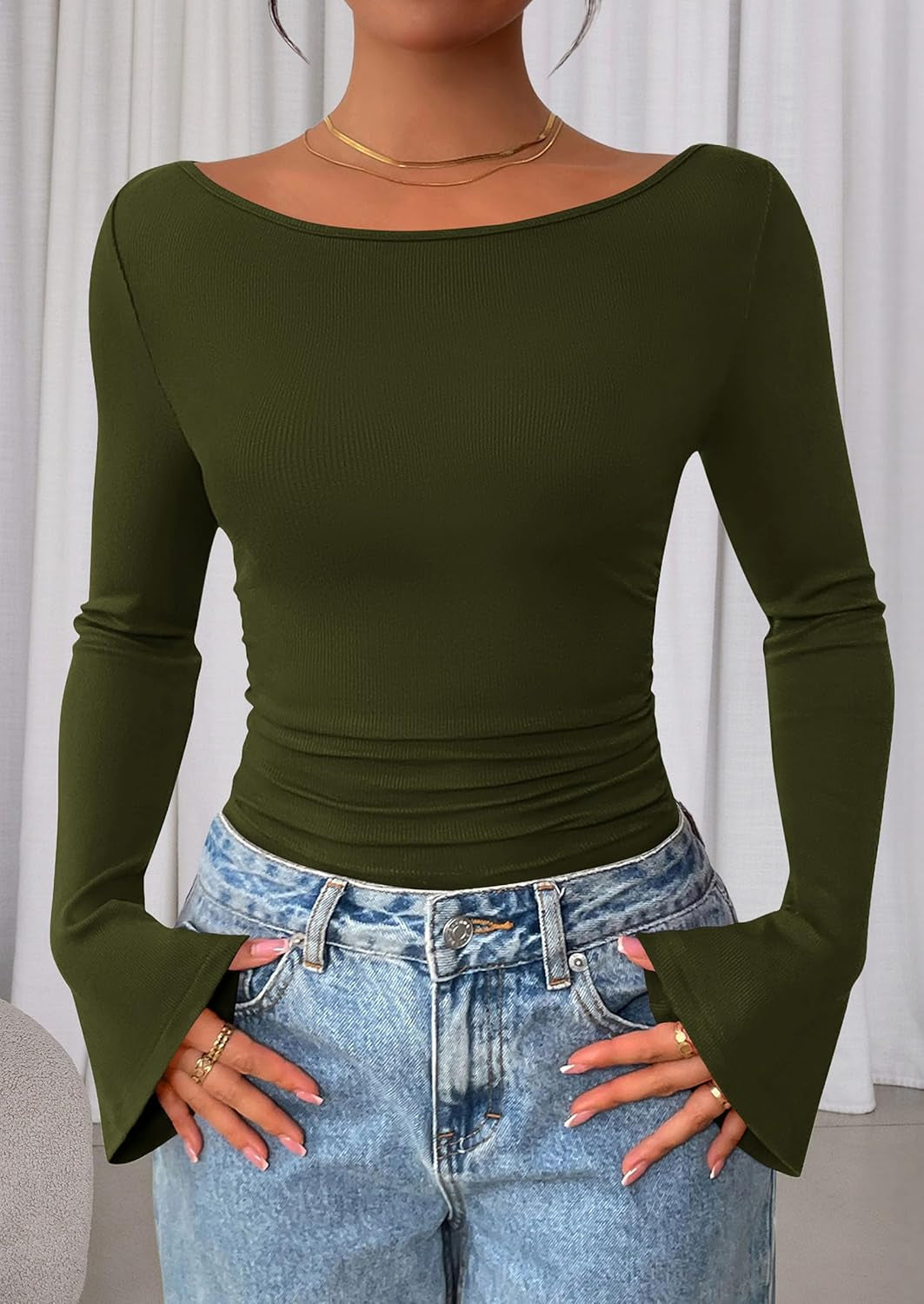 Women'S Long Sleeve Shirts 2025 Fall Crop Going Out Tops Casual Boat Neck Bell Sleeve Ribbed Ruched Y2K Clothes