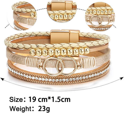 Leopard Bracelet for Women, Boho Leather Wrap Multi-Layer Pearl Crystal Bracelet Bangle Jewelry