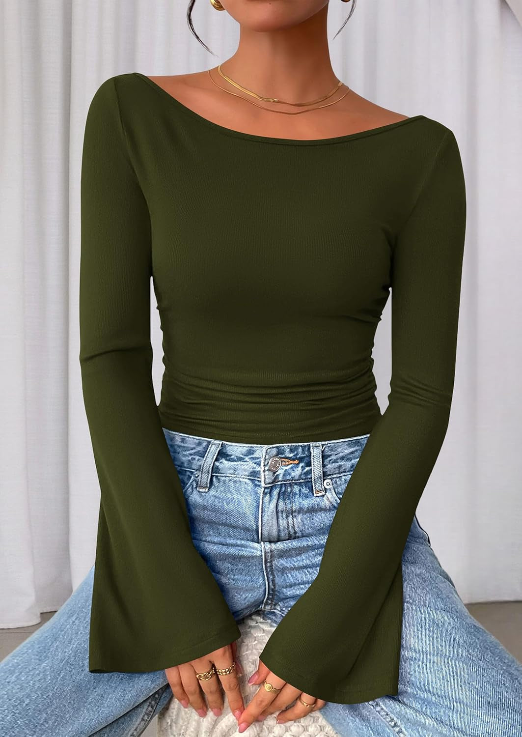 Women'S Long Sleeve Shirts 2025 Fall Crop Going Out Tops Casual Boat Neck Bell Sleeve Ribbed Ruched Y2K Clothes