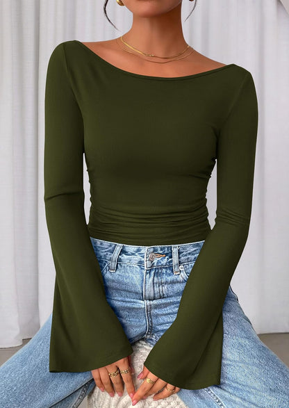 Women'S Long Sleeve Shirts 2025 Fall Crop Going Out Tops Casual Boat Neck Bell Sleeve Ribbed Ruched Y2K Clothes