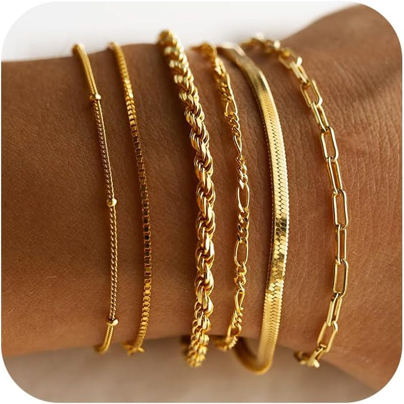 Gold Bracelets for Women Waterproof, 14K Gold Plated Jewelry Sets Trendy Thin Dainty Stackable Cuban Link Paperclip Chain Bracelet Pack Fashion Accessories Gifts for Womens