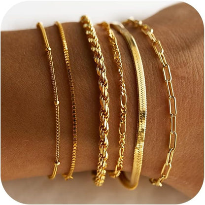 Gold Bracelets for Women Waterproof, 14K Gold Plated Jewelry Sets Trendy Thin Dainty Stackable Cuban Link Paperclip Chain Bracelet Pack Fashion Accessories Gifts for Womens