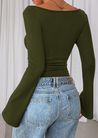 Women'S Long Sleeve Shirts 2025 Fall Crop Going Out Tops Casual Boat Neck Bell Sleeve Ribbed Ruched Y2K Clothes