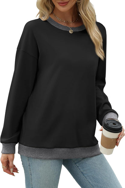 Sweatshirts for Women Crewneck Long Sleeve Loose Fit Tops Color Block Ribbed Trim Fashion 2025