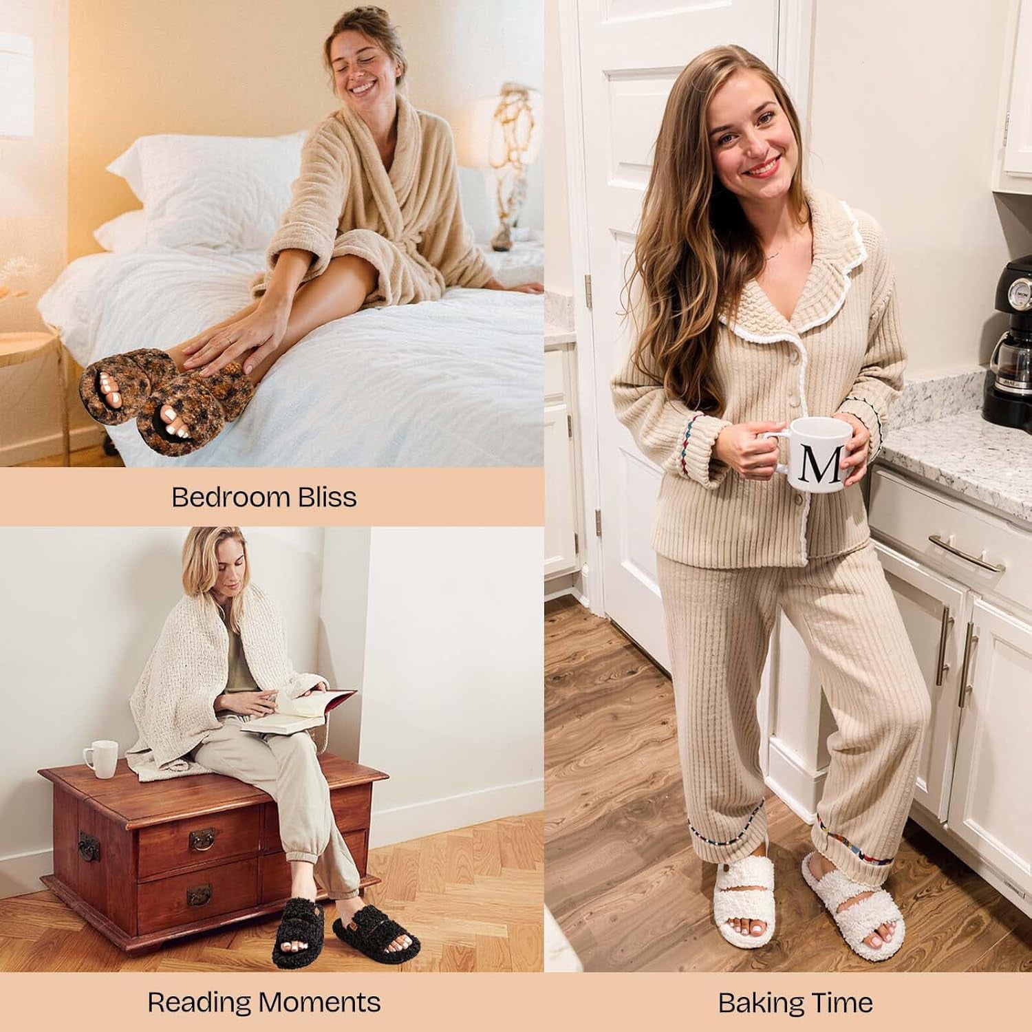 Womens Fuzzy Open-Toe Slippers Soft Comfy Memory Foam Indoor House Shoes