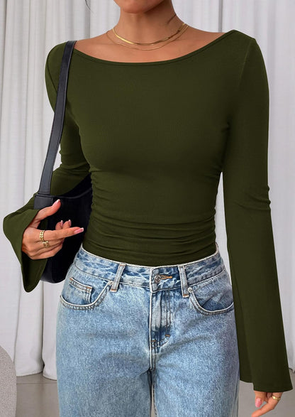 Women'S Long Sleeve Shirts 2025 Fall Crop Going Out Tops Casual Boat Neck Bell Sleeve Ribbed Ruched Y2K Clothes