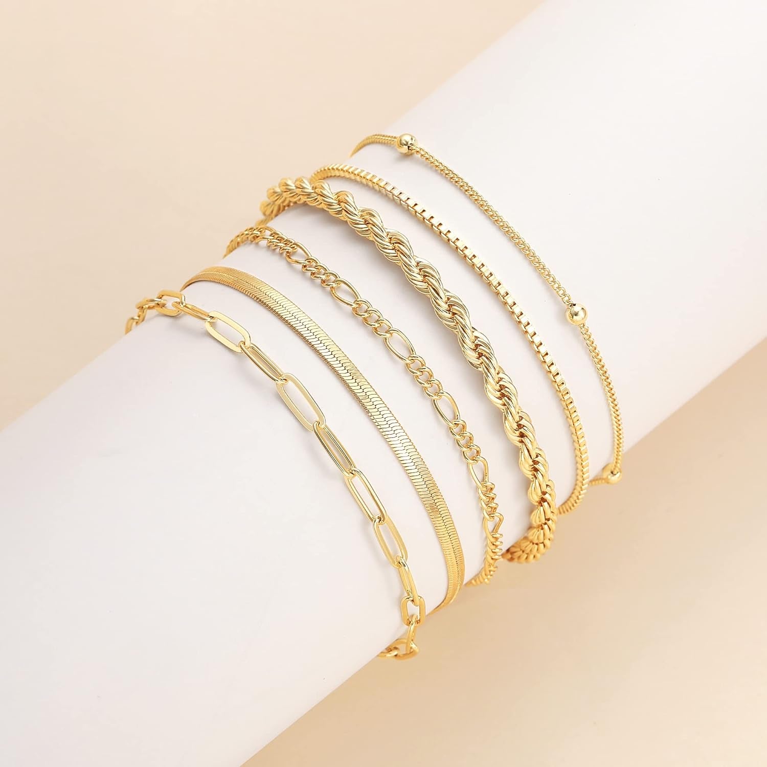 Gold Bracelets for Women Waterproof, 14K Gold Plated Jewelry Sets Trendy Thin Dainty Stackable Cuban Link Paperclip Chain Bracelet Pack Fashion Accessories Gifts for Womens